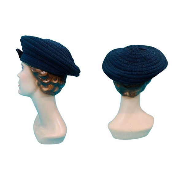 Vintage 1940s Navy Hat Blue Bow Button Round Beret - Picture 4 of 9